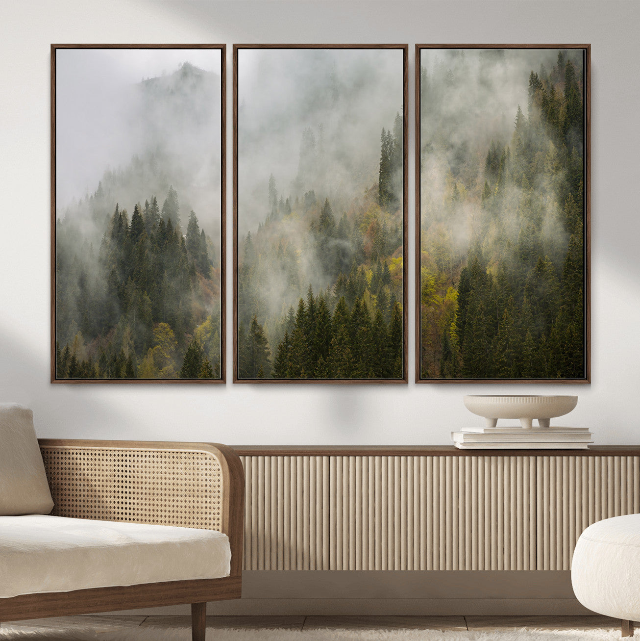 31152954-MGV-CV-36X24 - Misty Mountain Forest Canvas Print, Foggy Pine Trees Nature Wall Art, Framed Canvas Ready to Hang