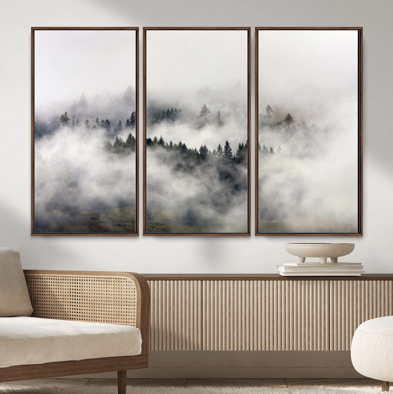 63235457-MGV-CV-36X24 - Foggy Forest Wall Art Canvas Print, Misty Pine Tree Landscape Wall Art Print, Framed Wall Art Ready to Hang