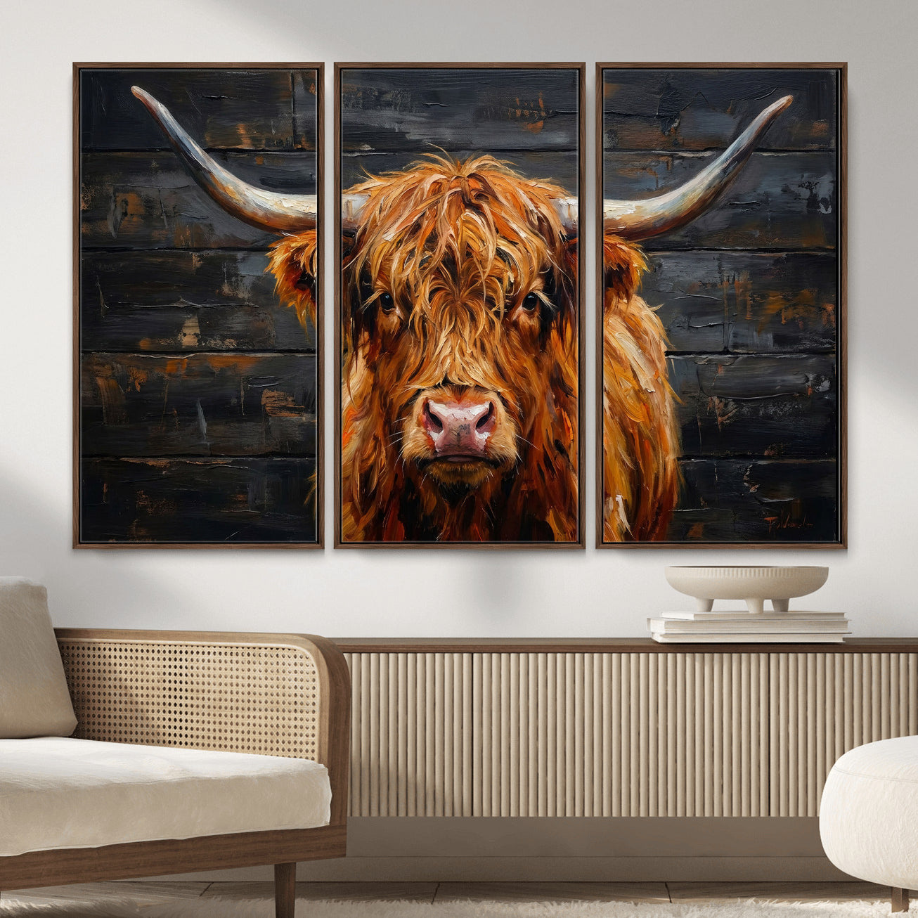 32536611-MGV-CV-36X24 - Highland Cow Wall Art Canvas Print, Rustic Farm Animal Painting, Framed Wall Art Ready to Hang