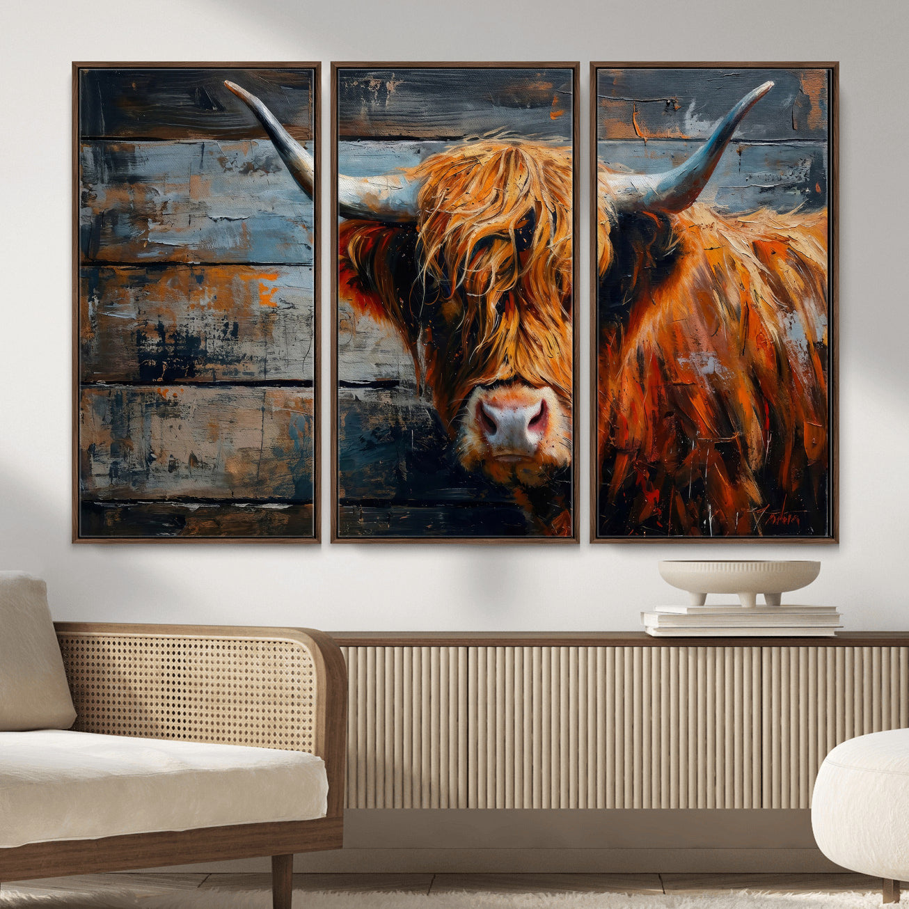 90271423-MGV-CV-36X24 - Highland Cow Wall Art Canvas Print, Abstract Rustic Farm Animal Wall Art Print, Framed Wall Art Ready to Hang