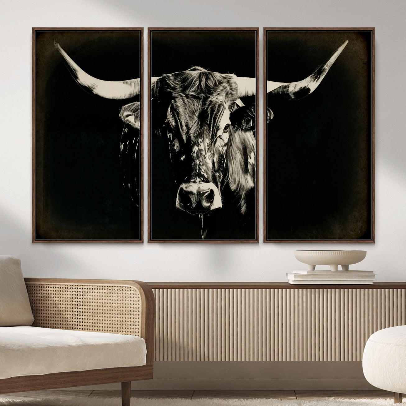 91364114-MGV-CV-36X24 - Black Bull Wall Art Canvas Print, Texas Longhorn Portrait Print, Framed Wall Art Ready to Hang