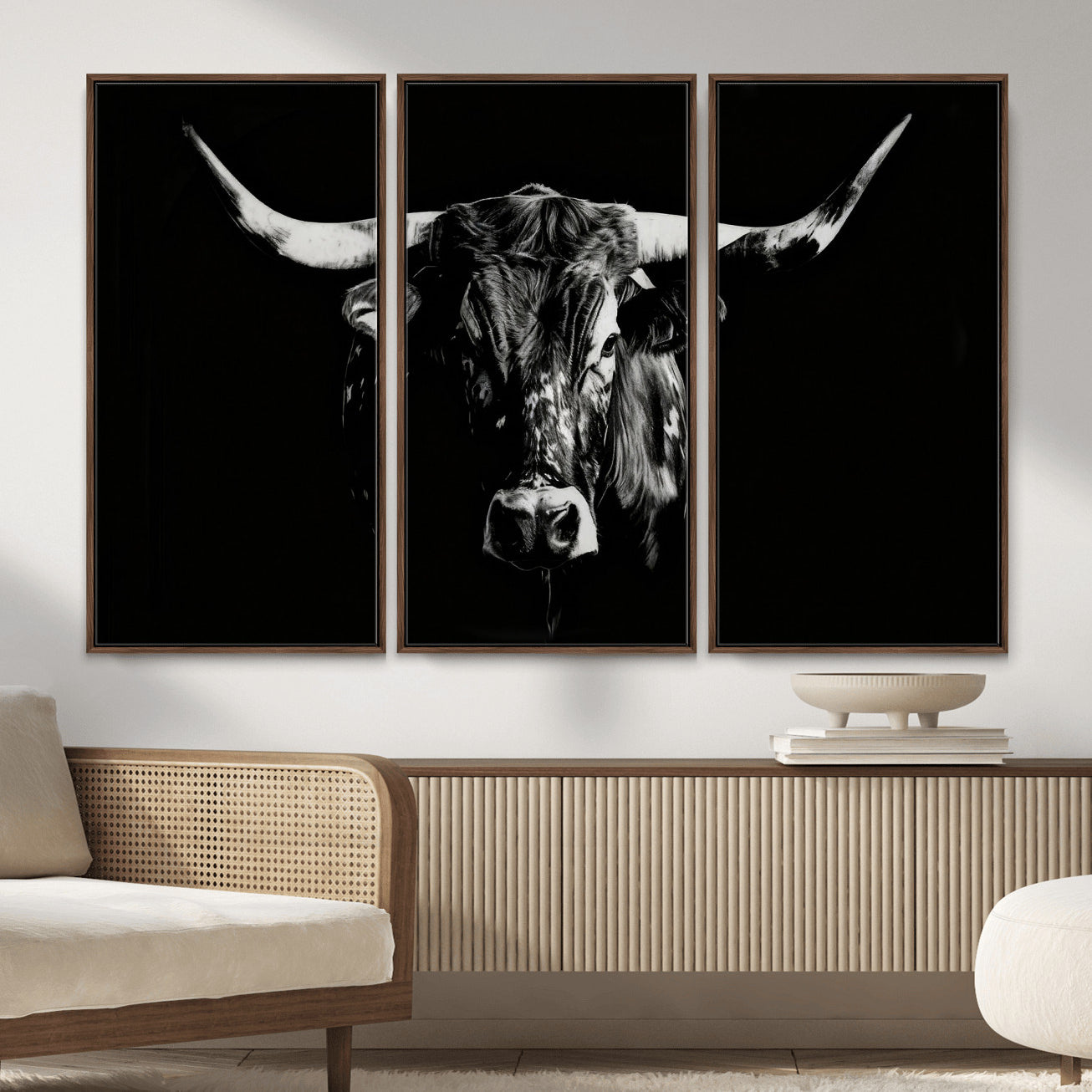 21436434-MGV-CV-36X24 - Black Bull Wall Art Canvas Print, Dark Longhorn Portrait Photography, Framed Wall Art Ready to Hang