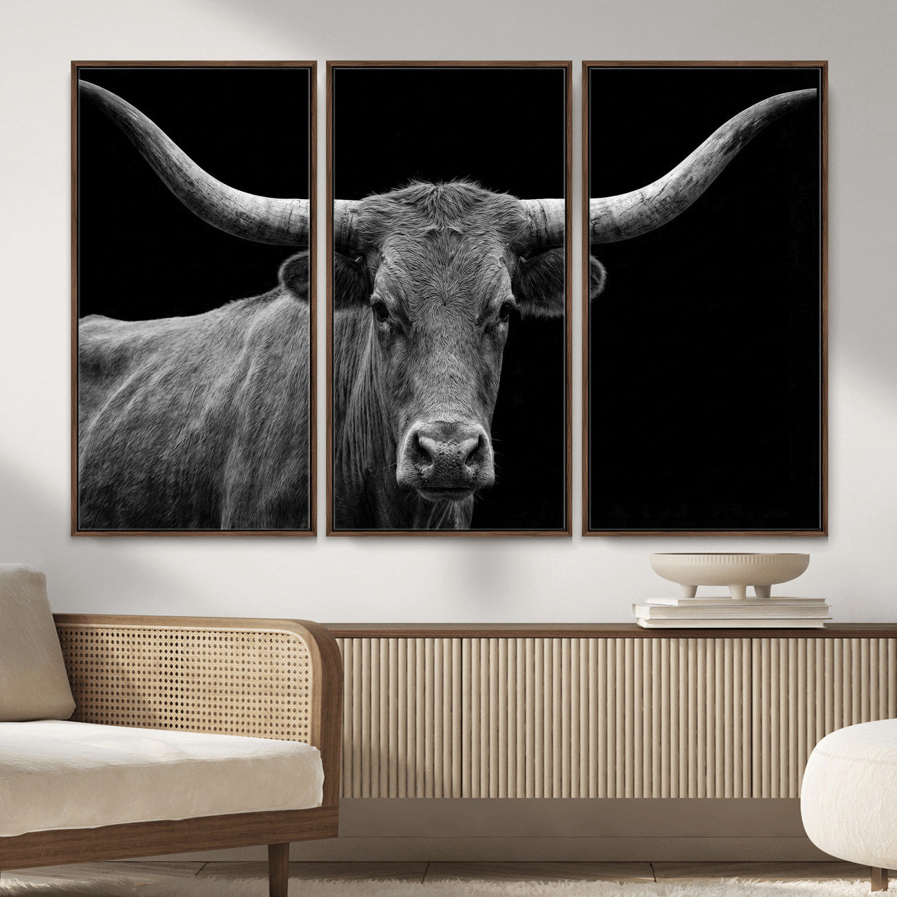32601430-MGV-CV-36X24 - Texas Longhorn Bull Wall Art Canvas Print, Cow Portrait Photography, Framed Wall Art Ready to Hang