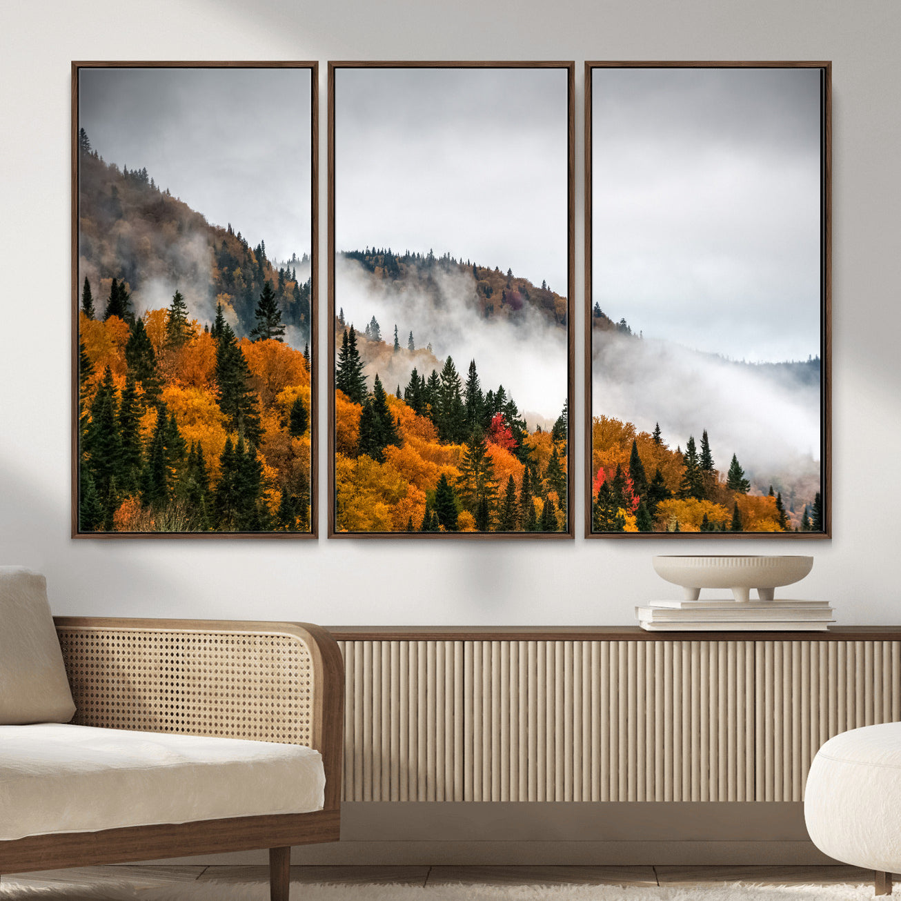 93581632-MGV-CV-36X24 - Autumn Forest Wall Art Canvas Print, Foggy Mountain Landscape Nature Photography, Framed Wall Art Ready to Hang