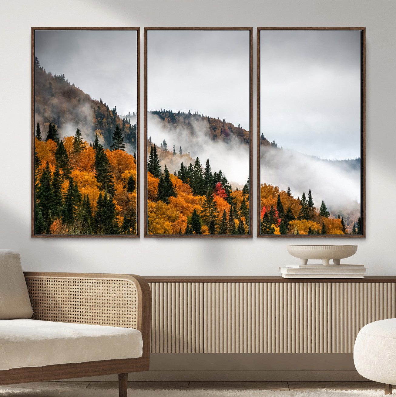 93581632-MGV-CV-36X24 - Autumn Forest Wall Art Canvas Print, Foggy Mountain Landscape Nature Photography, Framed Wall Art Ready to Hang