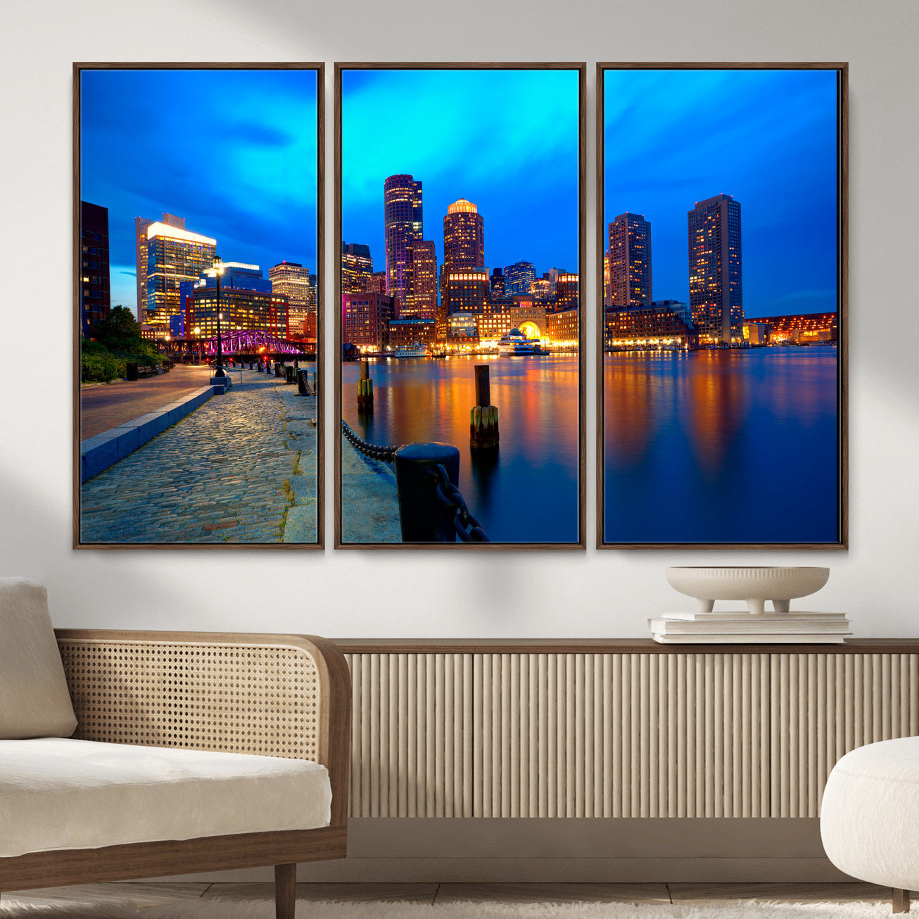 69619565-MGV-CV-36X24 - Boston Wall Art Canvas Print, Boston City Downtown Night Cityscape Print for Modern Urban Wall Decor