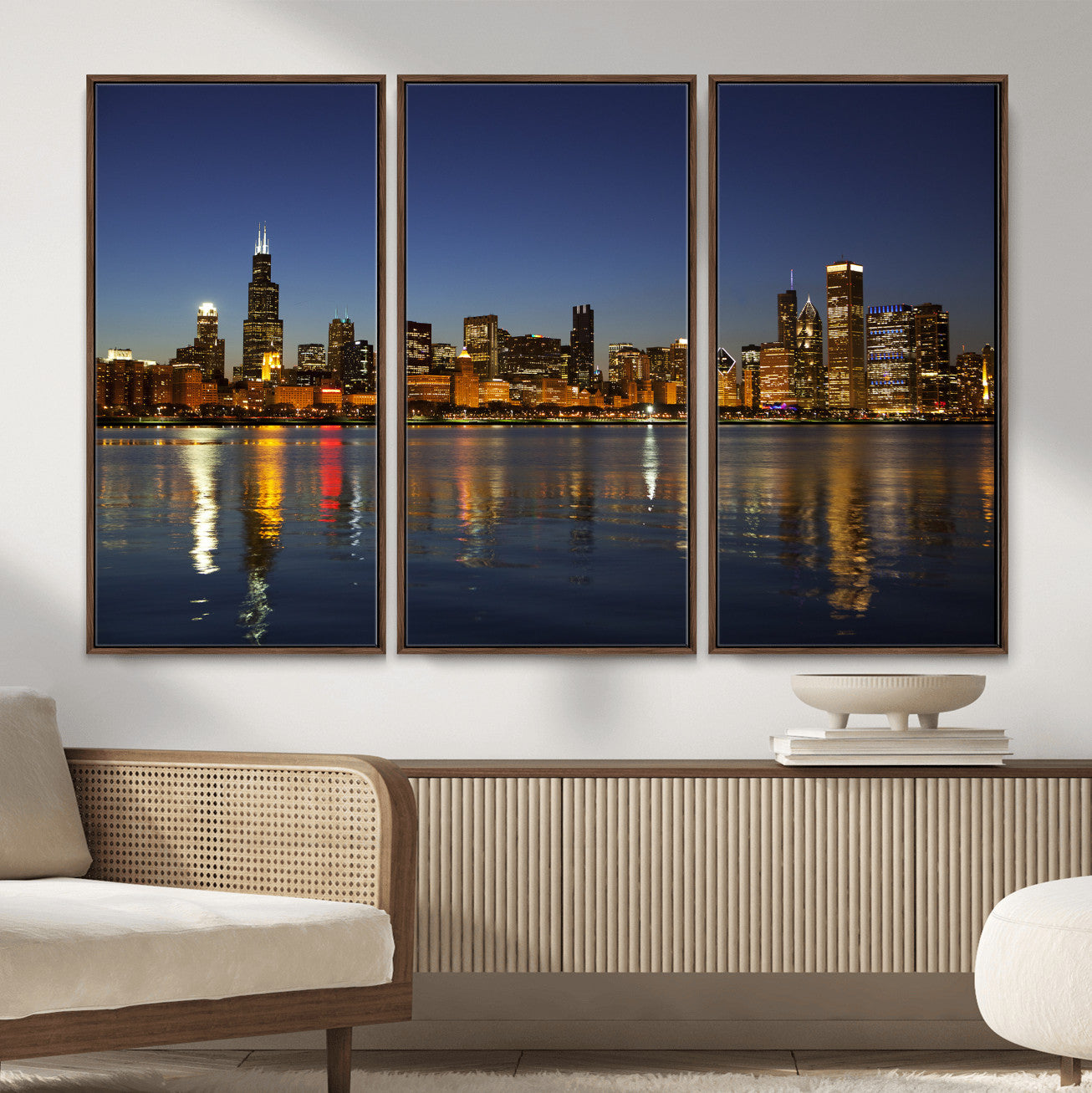 67308035-MGV-CV-36X24 - Chicago Wall Art Canvas Print, Chicago City Downtown Night Cityscape Print for Modern Urban Wall Decor