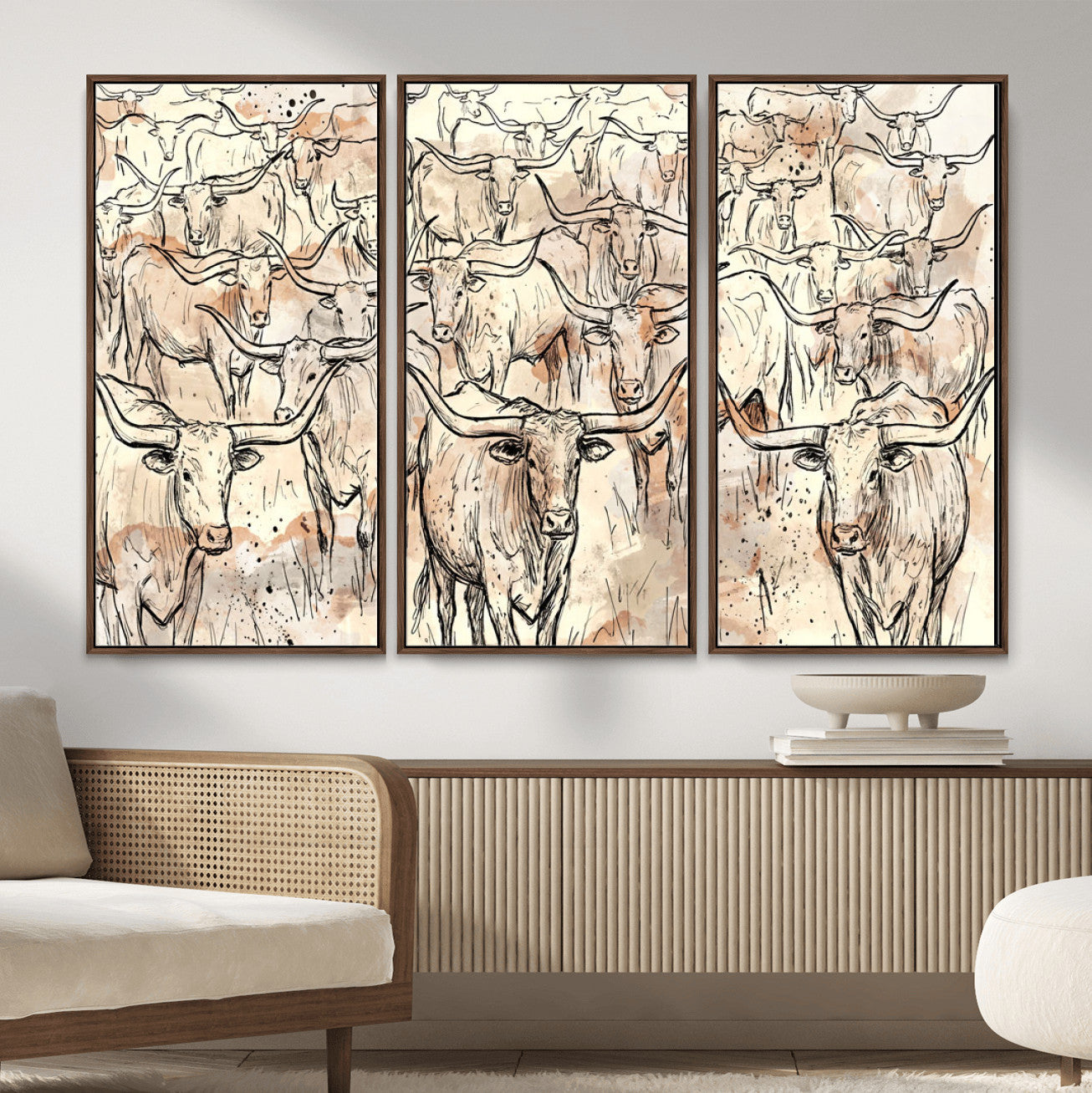 94055403-MGV-CV-36X24 - Farmhouse Animals Wall Art Canvas Print - Abstract Farm Animal Drawing Mid-Century Wall Art for Cabin Decor