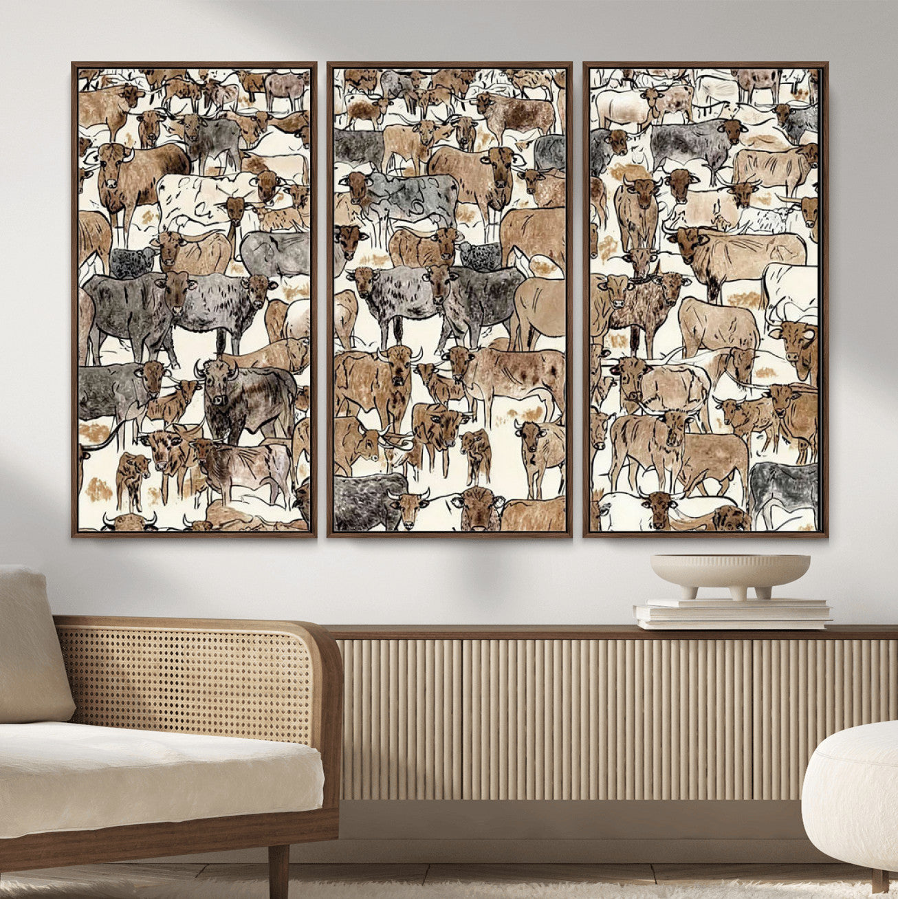 76902119-MGV-CV-36X24 - Farmhouse Animals Wall Art Canvas Print - Abstract Farm Animal Drawing Mid-Century Wall Art for Cabin Decor