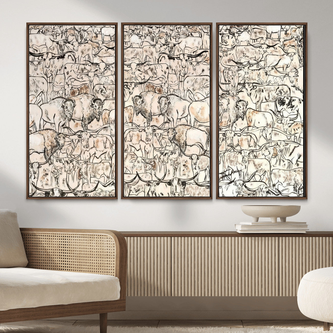 36925875-MGV-CV-36X24 - Farmhouse Animals Wall Art Canvas Print - Abstract Farm Animal Drawing Mid-Century Wall Art for Cabin Decor