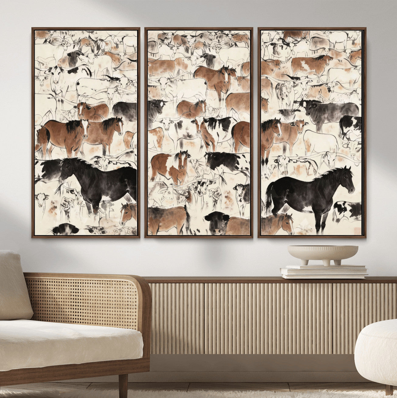 74171578-MGV-CV-36X24 - Farmhouse Animals Wall Art Canvas Print - Abstract Farm Animal Drawing Mid-Century Wall Art for Cabin Decor
