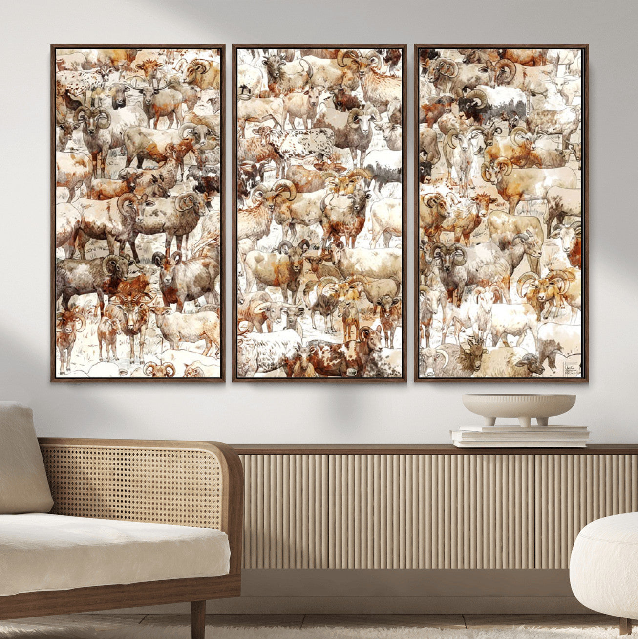 95103864-MGV-CV-36X24 - Farmhouse Animals Wall Art Canvas Print - Abstract Farm Animal Drawing Mid-Century Wall Art for Cabin Decor