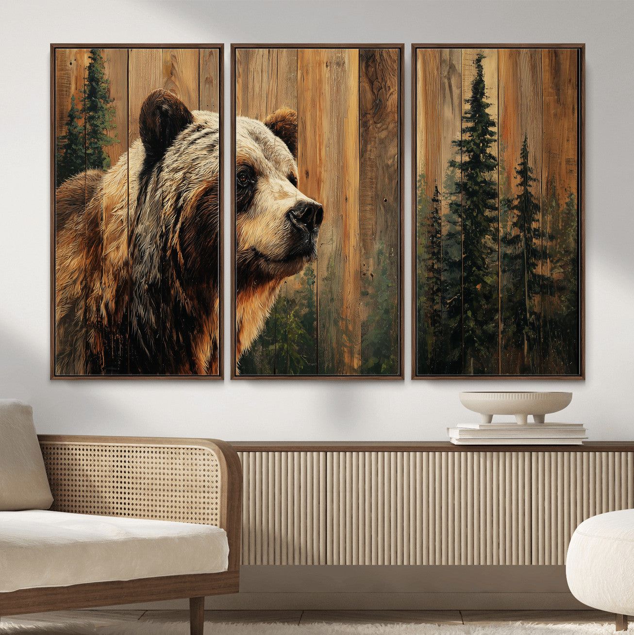 75645180-MGV-CV-36X24 - Grizzly Bear Wall Art Canvas Print, Rustic Wildlife Bear Artwork, Forest Animal Painting, Cabin Lodge Nature Wall Decor