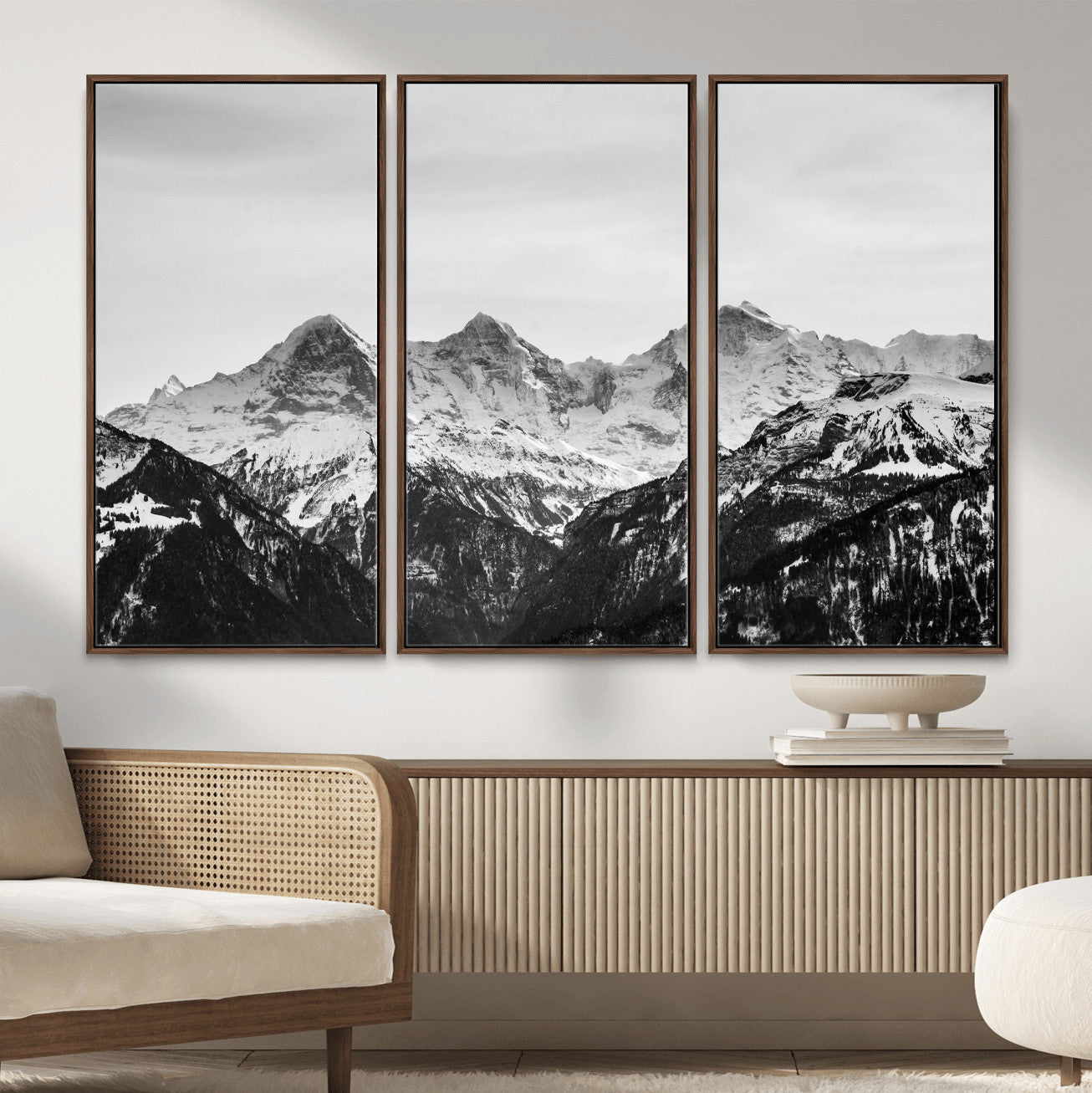 85684934-MGV-CV-36X24 - Black and White Mountain Wall Art Canvas Print, Snowy Alpine Peaks Landscape Photography, Minimal Monochrome Mountain Art, Scenic Nature Wall Decor