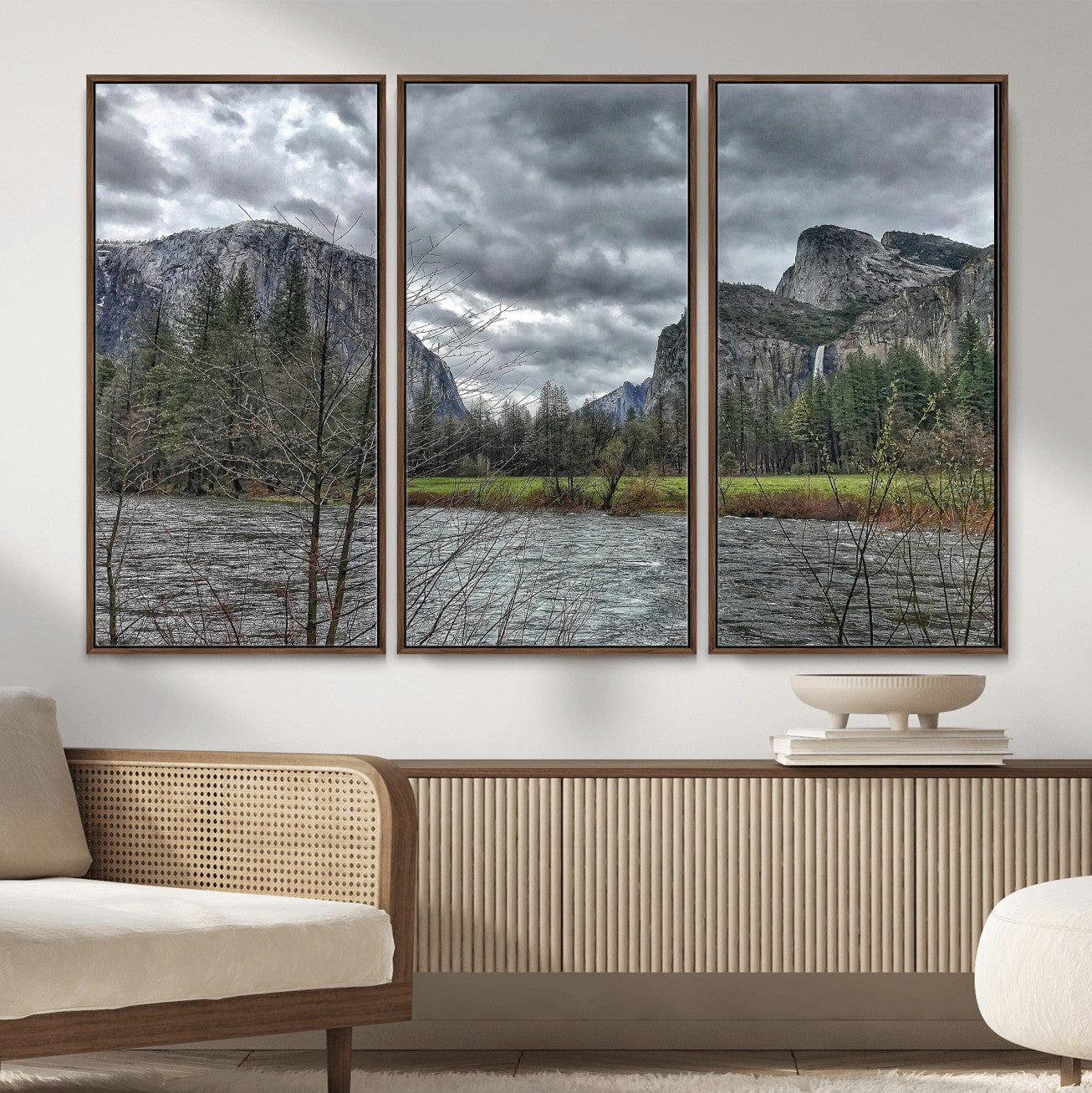 75582552-MGV-CV-36X24 - Yosemite Valley River Landscape Wall Art Canvas Print, Granite Cliffs Forest River Canvas Print, California National Park Moody Scenic Art Printi