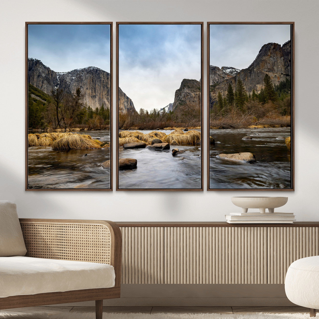 20458404-MGV-CV-36X24 - Yosemite Valley Mountain Landscape Wall Art Canvas Print, Granite Cliff Forest Valley Canvas Print, California National Park Scenic Art Printing
