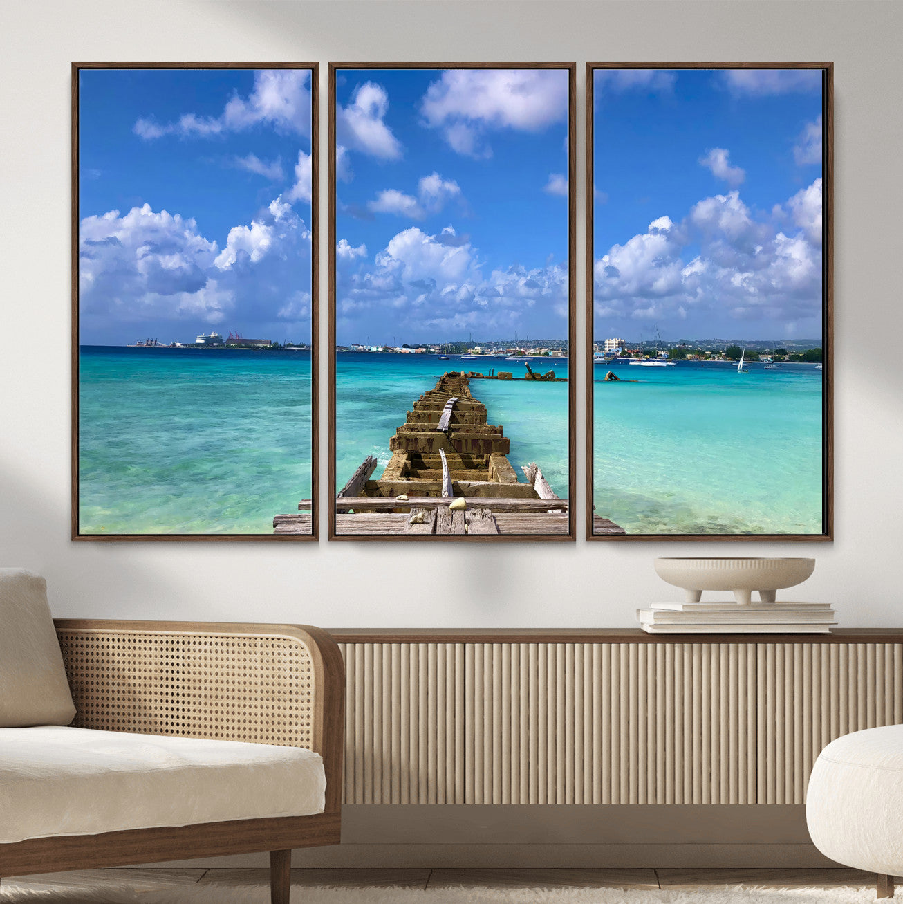 43165024-MGV-CV-36X24 - Caribbean Ocean Pier Seascape Wall Art Canvas Print, Turquoise Sea Tropical Harbor Canvas Print, Island Coastal Blue Water Scenic Art Printing