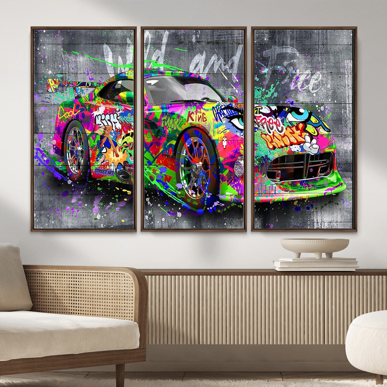 95314968-MGV-CV-36X24 - Graffiti Sports Car Street Art Wall Art Canvas Print, Colorful Urban Supercar Pop Art Canvas Print, Modern Graffiti Car Contemporary Art Printing