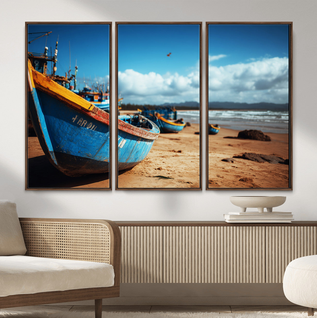 70925201-MGV-CV-36X24 - Fishing Boats Wall Art Canvas Print, Coastal Boat Beach Scene, Nautical Seaside Artwork, Ocean Shore Decor, Coastal Home Wall Art