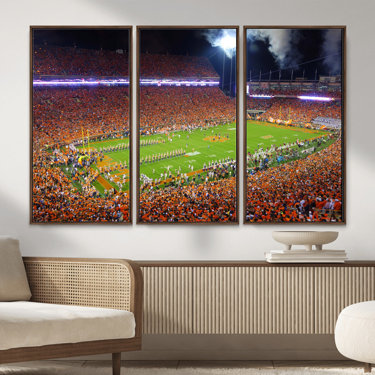 43662631-MGV-CV-36X24 - Clemson Football Stadium Wall Art Canvas Print, College Football Crowd Night Game Scene, Orange Stadium Panorama Wall Decor
