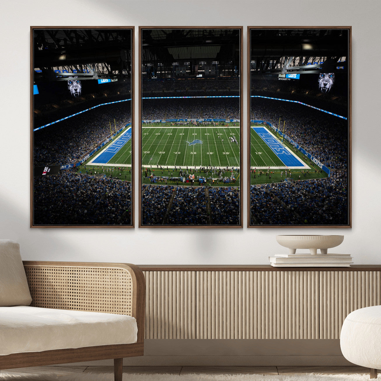 16709602-MGV-CV-36X24 - Detroit Lions Stadium Wall Art Canvas Print, Football Field Panorama Artwork, NFL Game Night Stadium Decor