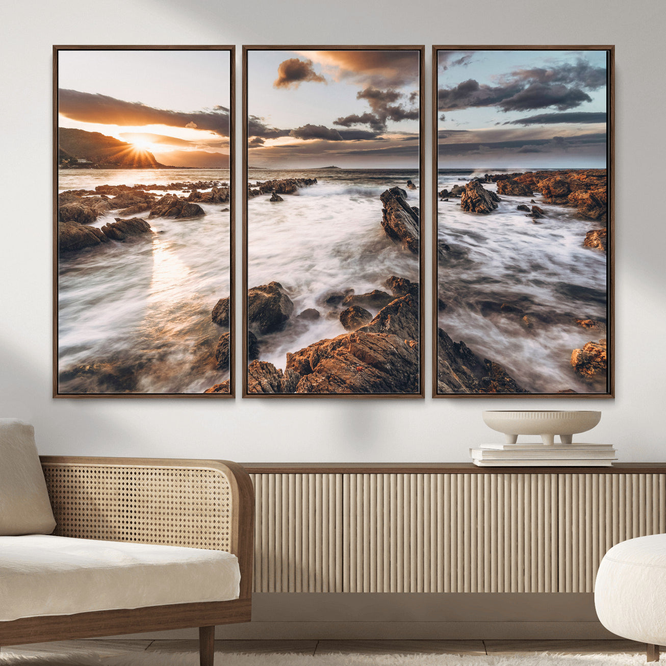 66746024-MGV-CV-36X24 - Rocky Coast Ocean Sunset Wall Art Canvas Print, Dramatic Seascape Nature Wall Decor for Living Room and Office