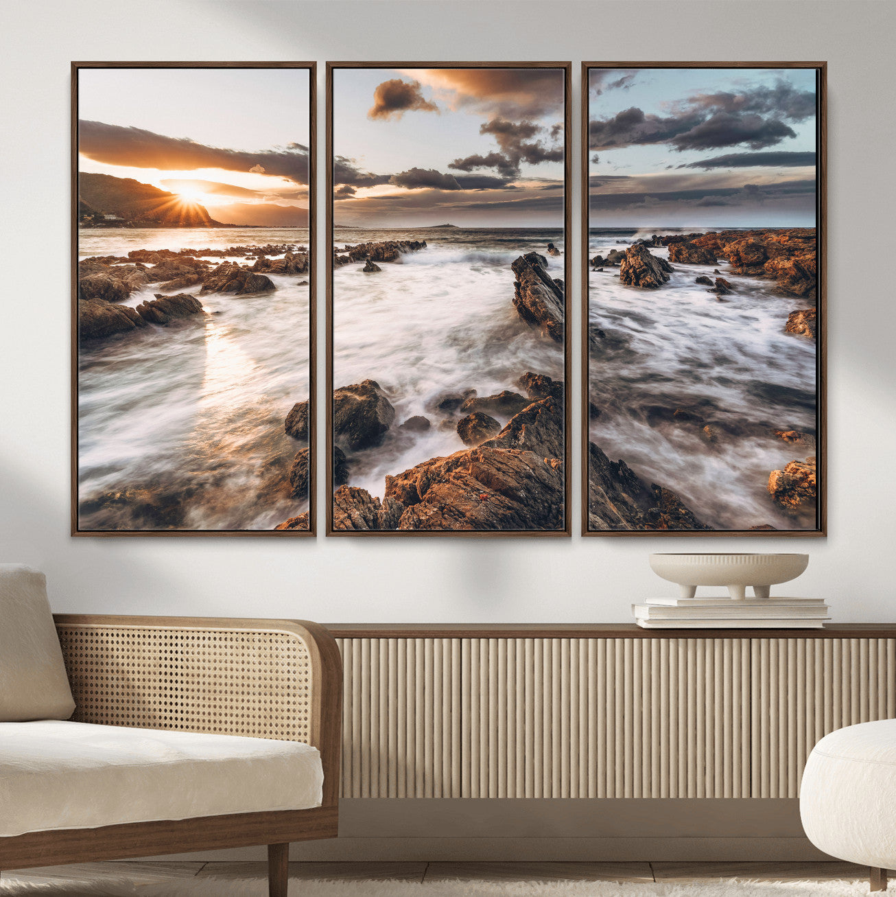 66746024-MGV-CV-36X24 - Rocky Coast Ocean Sunset Wall Art Canvas Print, Dramatic Seascape Nature Wall Decor for Living Room and Office