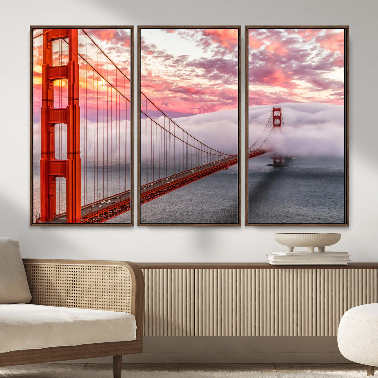 58813635-MGV-CV-36X24 - Golden Gate Bridge Wall Art Canvas Print, San Francisco City Landmark Wall Decor, Foggy Sunset Bridge Artwork, Modern Cityscape Canvas Wall Art, Framed Canvas Wall Art Ready to Hang