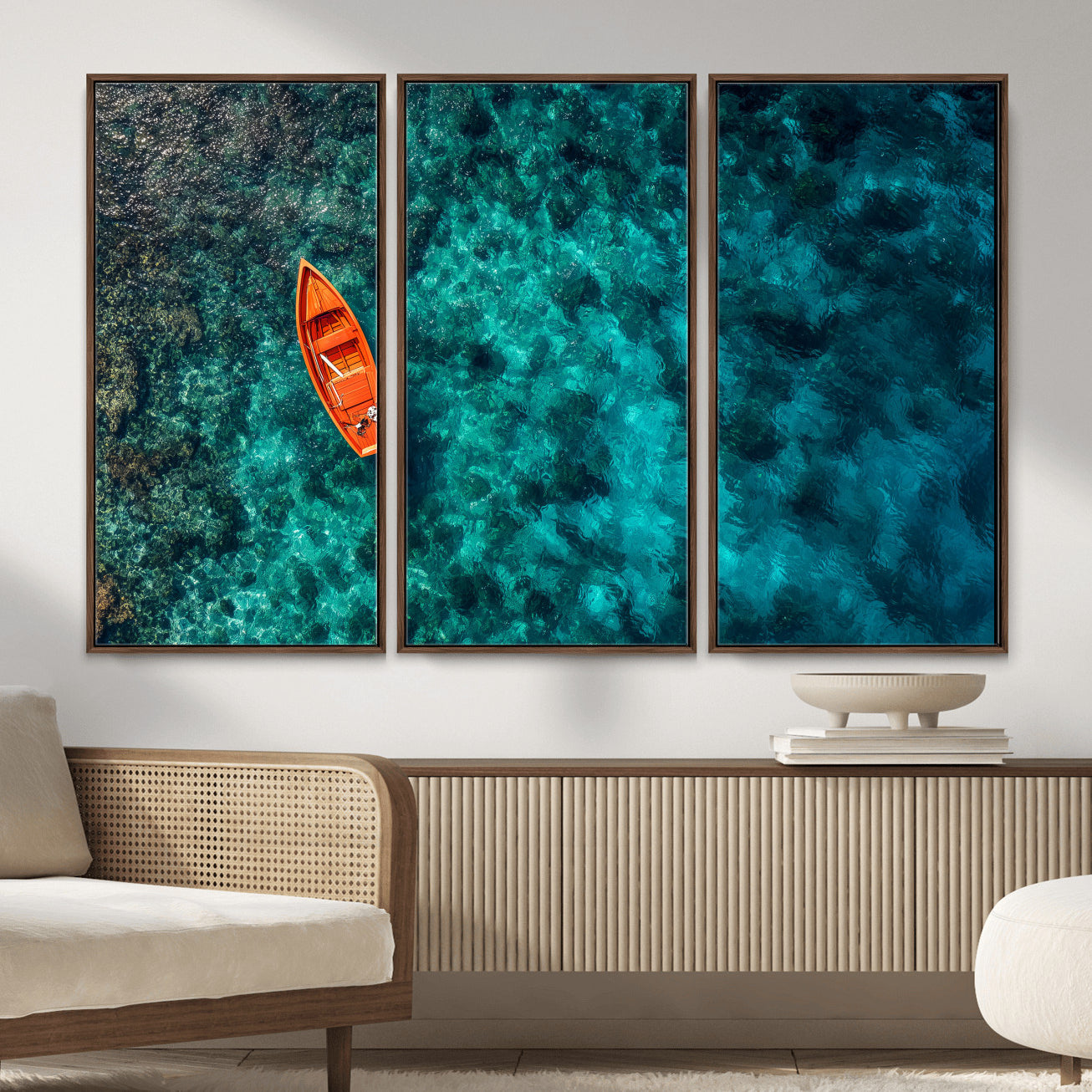 51638658-MGV-CV-36X24 - Turquoise Ocean Boat Wall Art Canvas Print, Aerial Sea Landscape Artwork, Minimal Coastal Water Scene, Modern Blue Ocean Canvas Wall Art Print