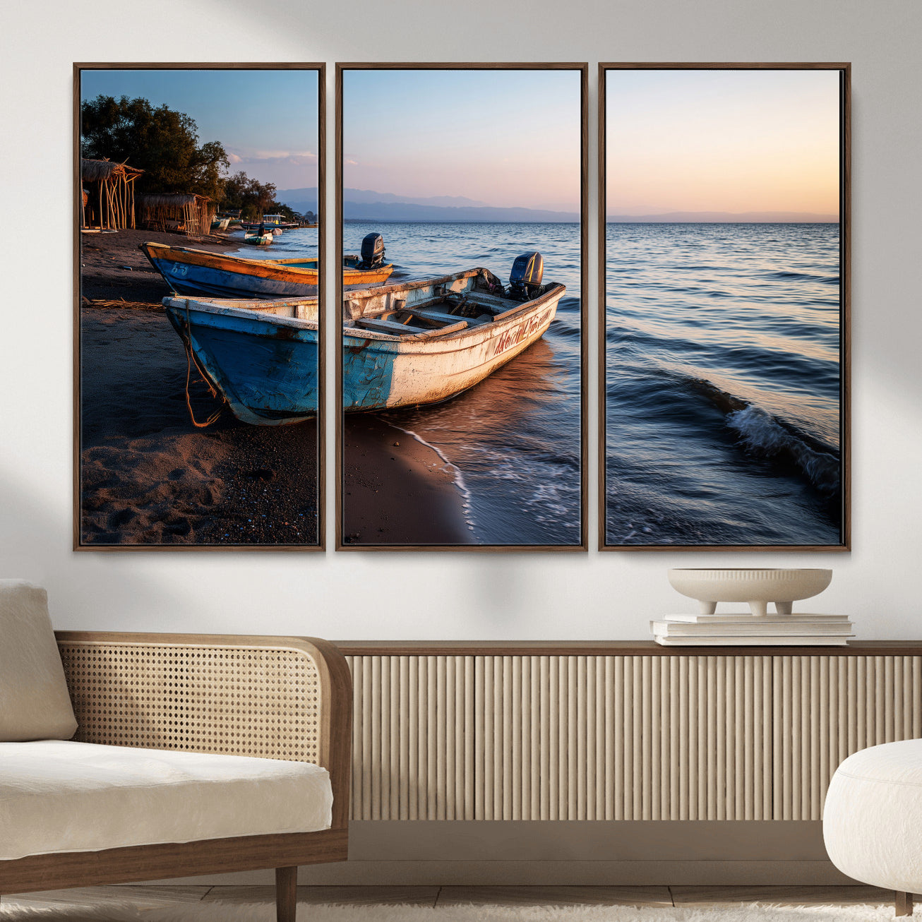 48310406-MGV-CV-36X24 - Coastal Fishing Boats Wall Art Canvas Print, Sunset Beach Boat Scene, Rustic Seaside Landscape Artwork, Calm Ocean Shore Wall Art