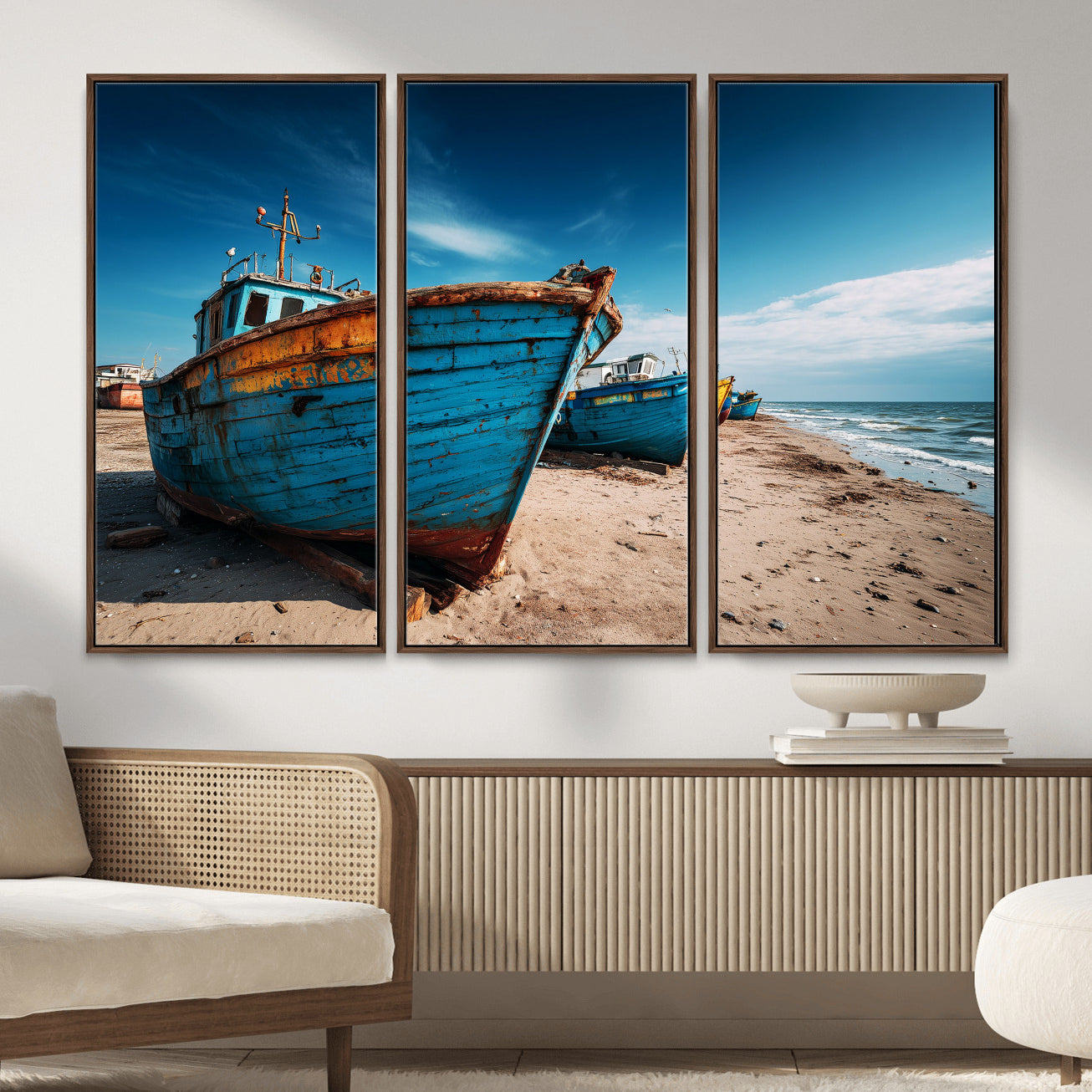 99726300-MGV-CV-36X24 - Coastal Fishing Boats Wall Art Canvas Print, Sunset Beach Boat Scene, Rustic Seaside Landscape Artwork, Calm Ocean Shore Wall Art