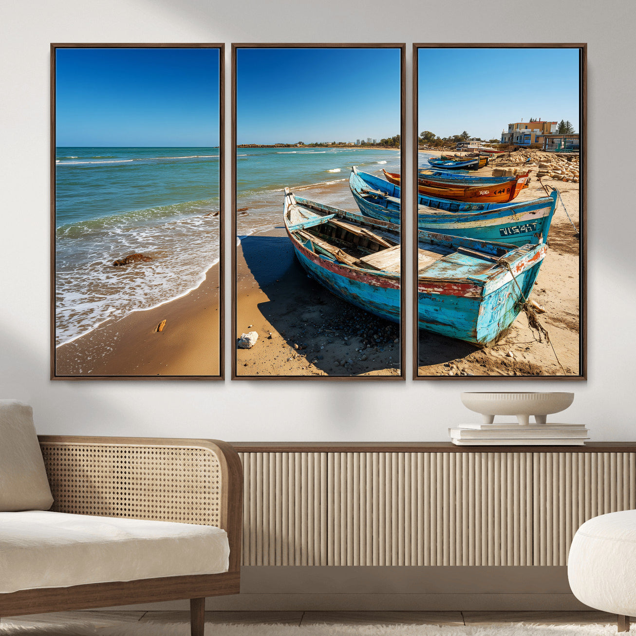 23003319-MGV-CV-36X24 - Coastal Fishing Boats Wall Art Canvas Print, Sunset Beach Boat Scene, Rustic Seaside Landscape Artwork, Calm Ocean Shore Wall Art