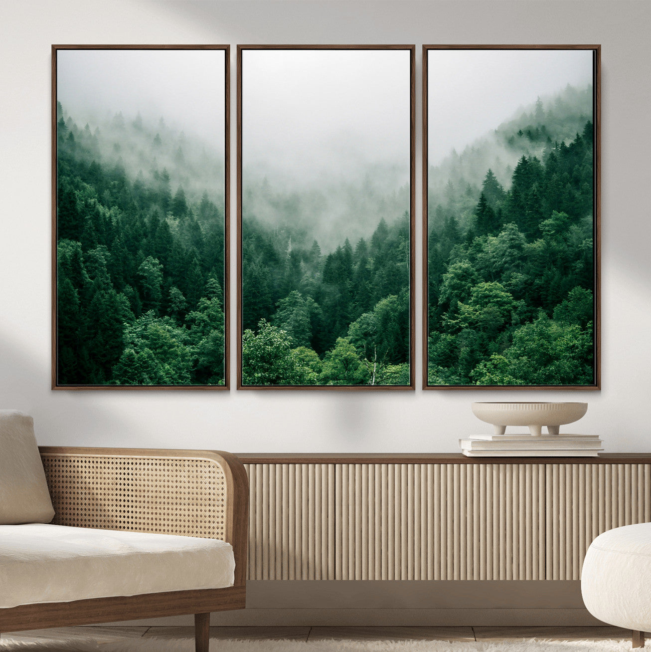 61640815-MGV-CV-36X24 - Misty Pine Forest Wall Art Canvas Print, Foggy Evergreen Landscape Wall Decor, Moody Green Nature Artwork, Minimal Forest Canvas Wall Art, Framed Canvas Wall Art Ready to Hang
