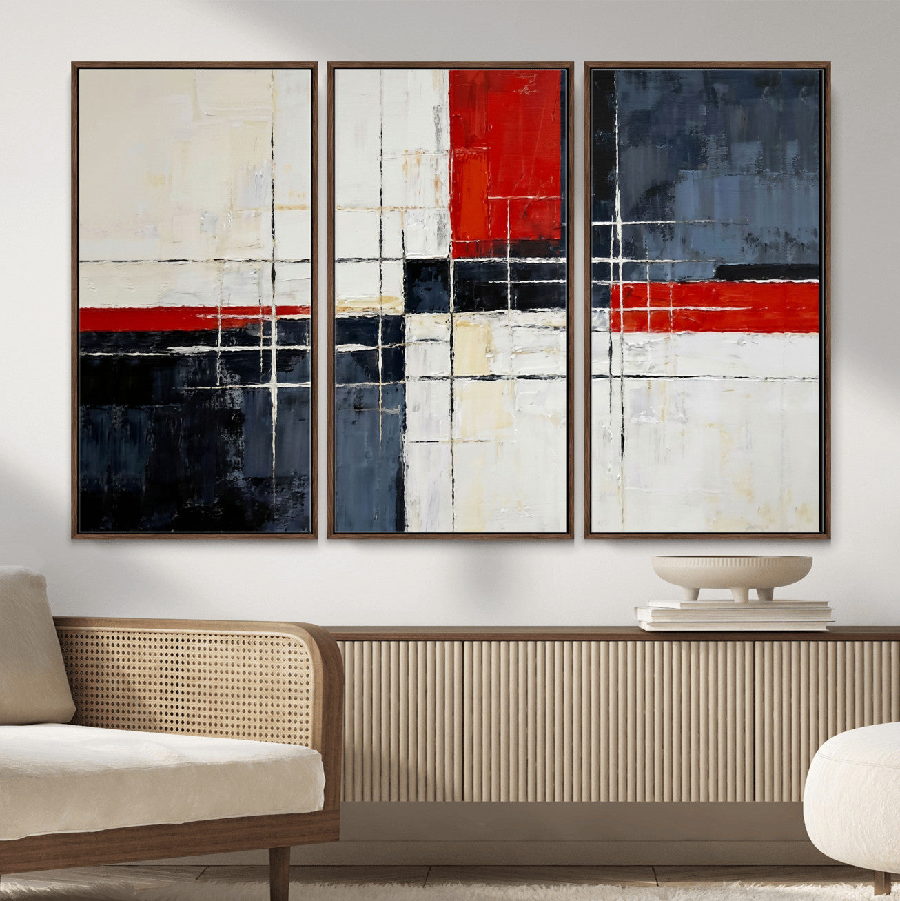 11921181-MGV-CV-36X24 - Navy Red Abstract Wall Art Canvas Print, Modern Luxury Geometric Painting Wall Decor for Living Room and Office