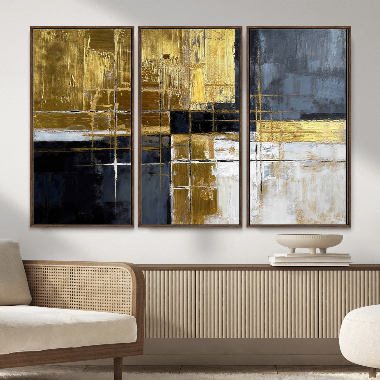 76917030-MGV-CV-36X24 - Gold Navy Abstract Wall Art Canvas Print, Modern Luxury Geometric Painting Wall Decor for Living Room and Office