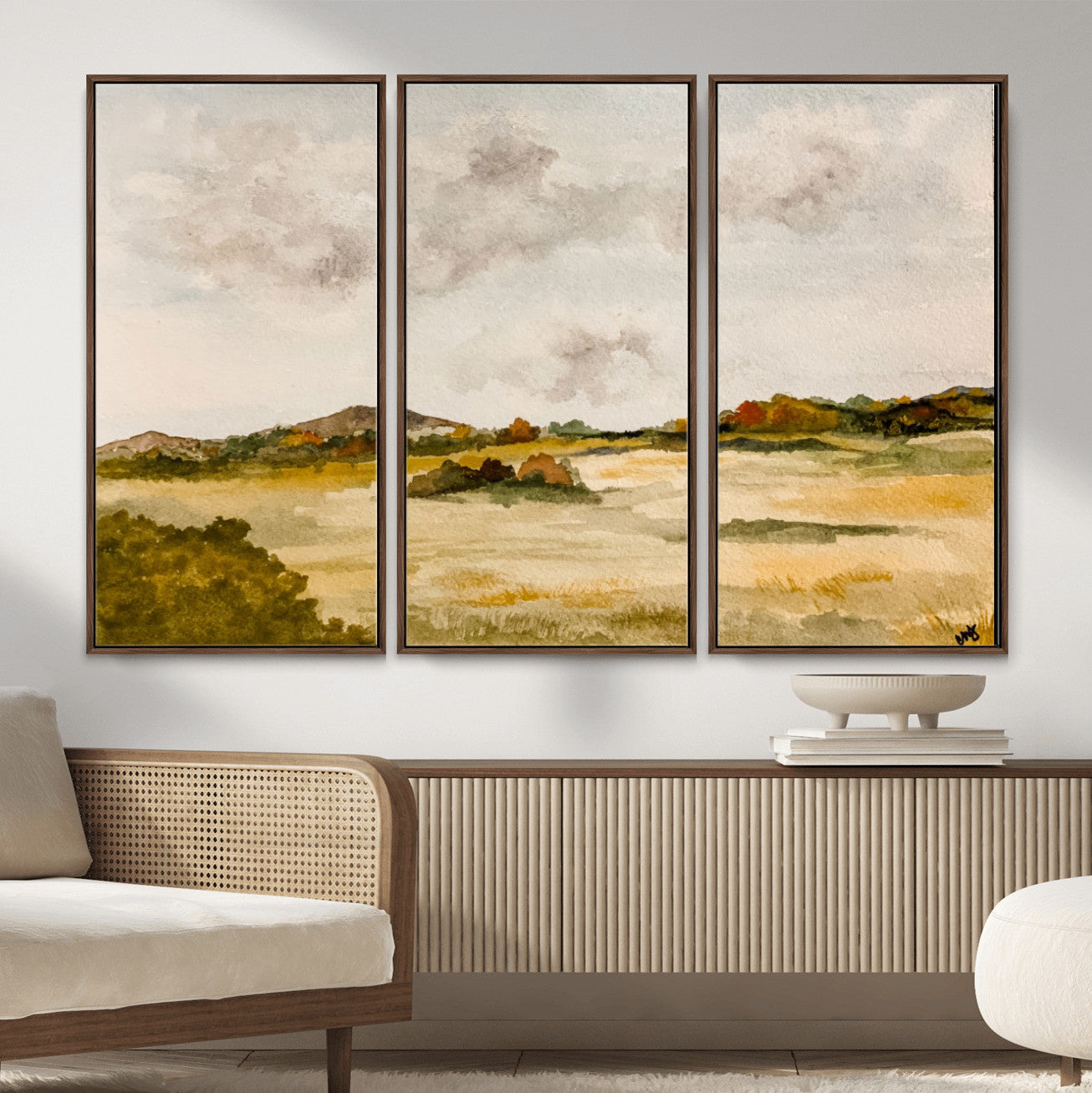 94151004-MGV-CV-36X24 - Watercolor Abstract Countryside Wall Art Canvas Print, Neutral Pastoral Landscape Painting Wall Decor for Modern Farmhouse Interiors