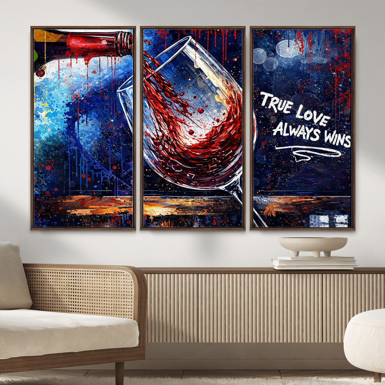 88788932-MGV-CV-36X24 - Red Wine Splash Abstract Wall Art Canvas Print, Modern Wine Glass Painting Canvas Print, Romantic Quote Contemporary Bar Art Print
