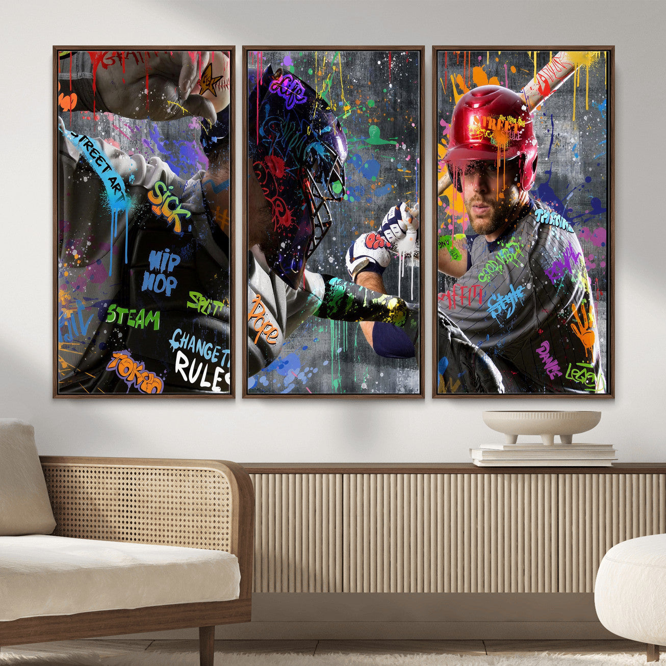 19634994-MGV-CV-36X24 - Graffiti Baseball Player Street Art Wall Art Canvas Print, Urban Sports Pop Art Baseball Canvas Print, Modern Athletic Graffiti Contemporary Art Printing