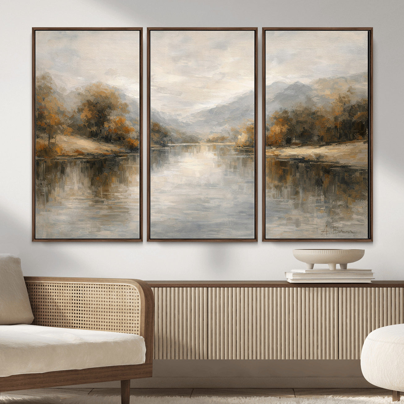 29251761-MGV-CV-36X24 - Neutral Abstract River Landscape Wall Art Canvas Print, Modern Minimal Nature Reflection Canvas Print, Beige Gray Contemporary Mountain Art Printing