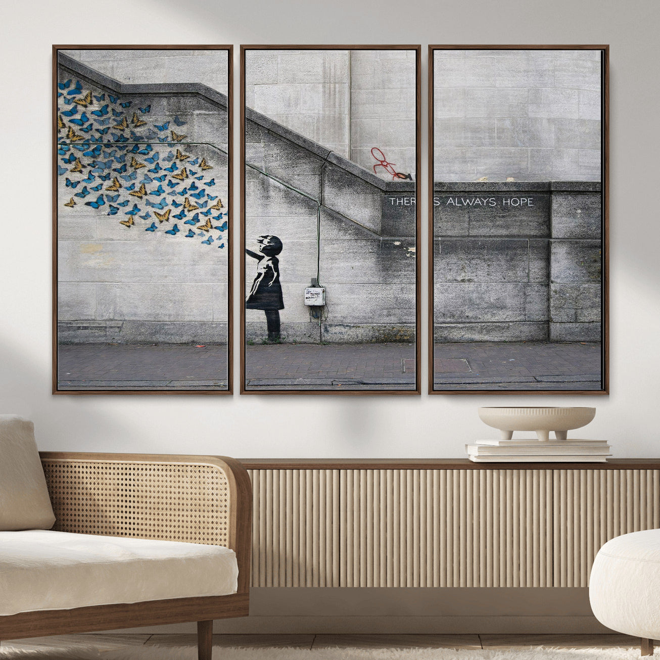 15274223-MGV-CV-36X24 - Banksy Girl with Butterflies Street Art Wall Art Canvas Print, Hope Graffiti Urban Art Canvas Print, Minimalist Inspirational Street Art Contemporary Art Printing