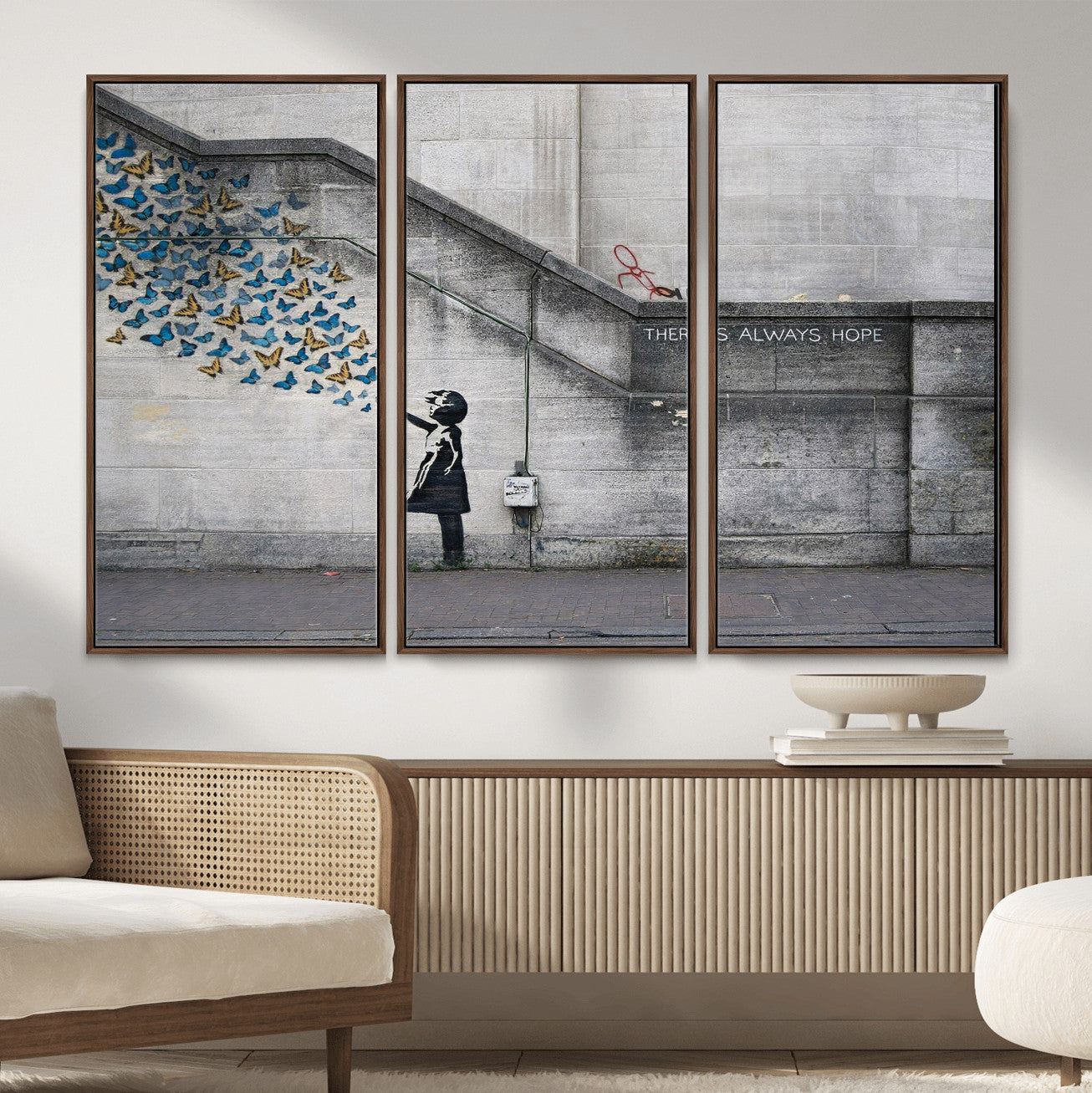 15274223-MGV-CV-36X24 - Banksy Girl with Butterflies Street Art Wall Art Canvas Print, Hope Graffiti Urban Art Canvas Print, Minimalist Inspirational Street Art Contemporary Art Printing