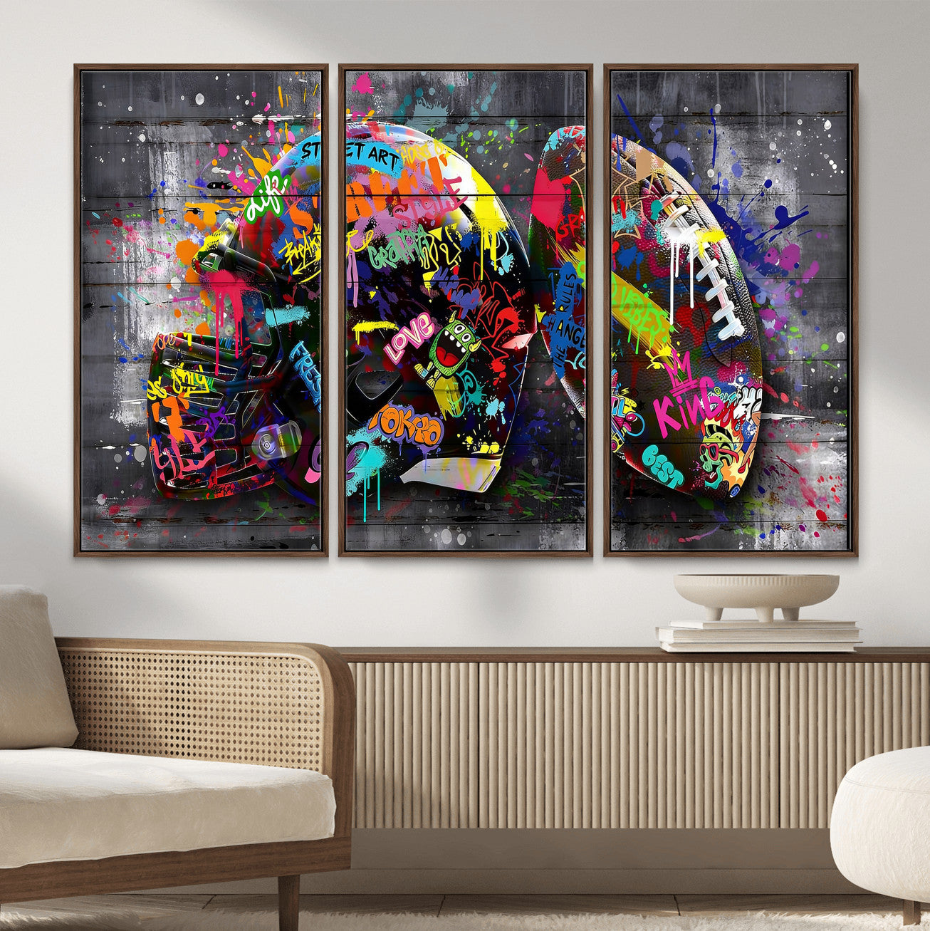 80540773-MGV-CV-36X24 - Graffiti American Football Helmet Street Art Wall Art Canvas Print, Urban Sports Pop Art Football Canvas Print, Colorful Graffiti Sports Contemporary Art Printing