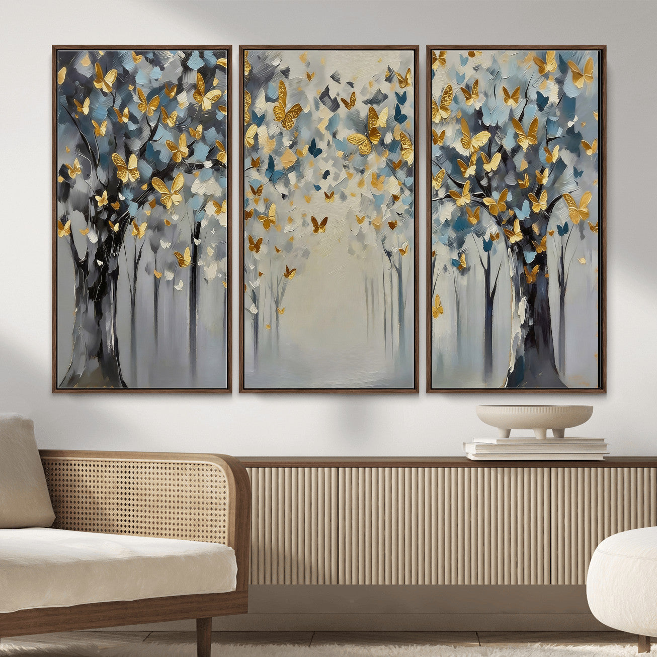 79208191-MGV-CV-36X24 - Golden Butterfly Tree Abstract Wall Art Canvas Print, Modern Elegant Nature Painting Canvas Print, Blue Gold Contemporary Floral Art Printing