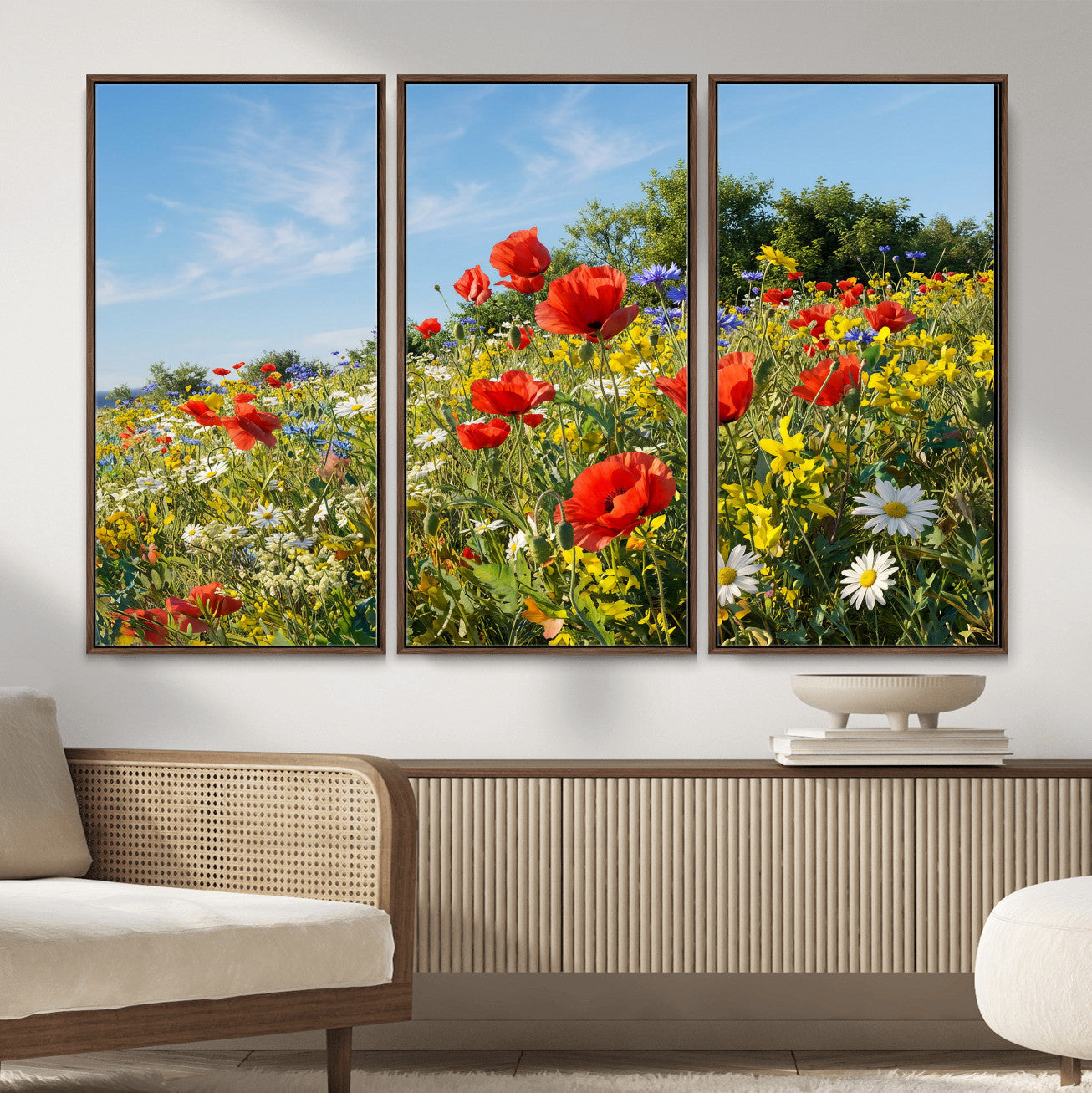 38570784-MGV-CV-36X24 - Wildflower Meadow Wall Art Canvas Print – Colorful Poppy and Daisy Field Landscape Artwork for Living Room Decor