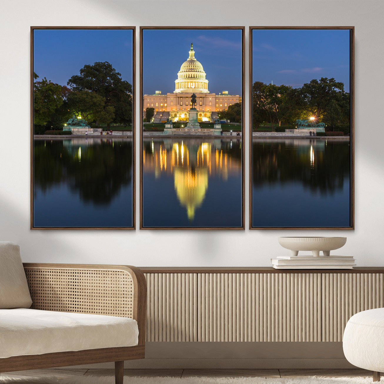 95568590-MGV-CV-36X24 - US Capitol Building Wall Art Canvas Print – Washington DC Landmark Night Reflection Artwork for Office Decor