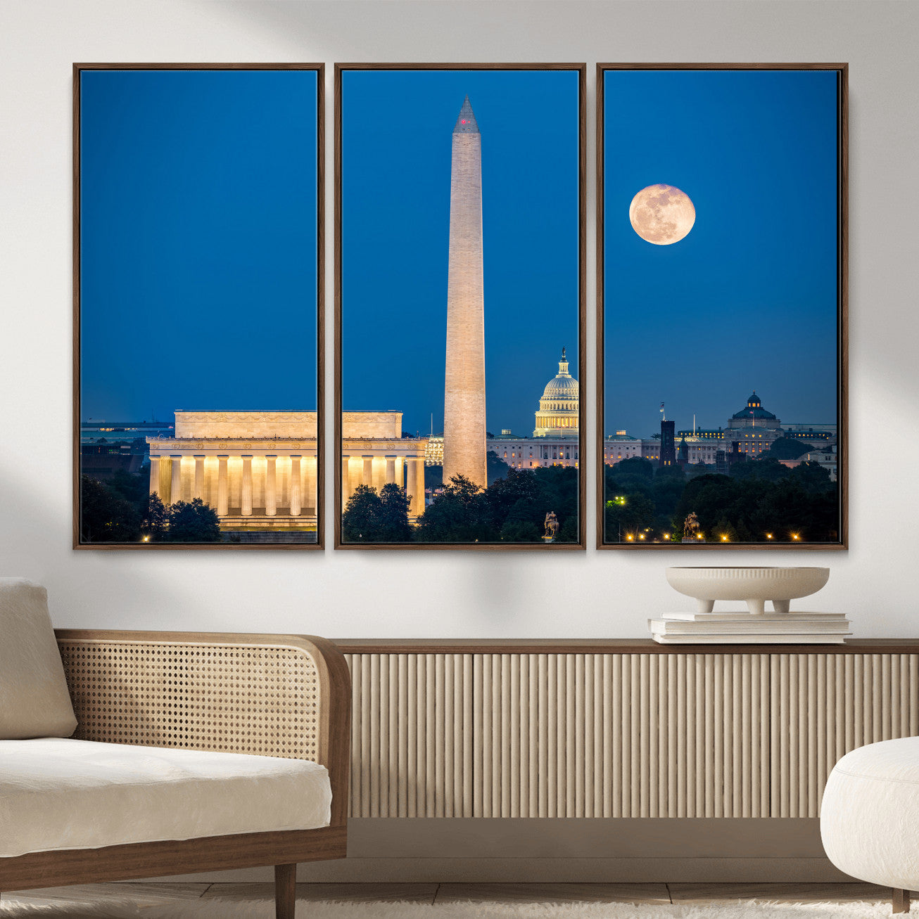 96712946-MGV-CV-36X24 - Washington DC Skyline Wall Art Canvas Print – Lincoln Memorial, Washington Monument and US Capitol Night Cityscape Artwork