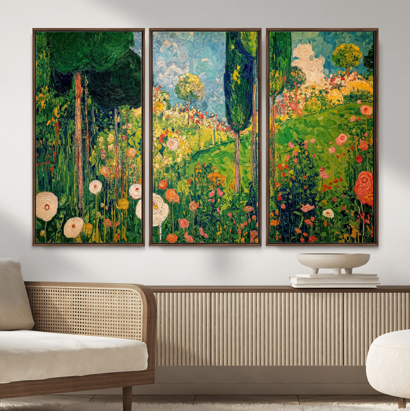 83517974-MGV-CV-36X24 - Gustav Klimt Boho Mountain Landscape Large Wall Art, Horizontal Gold Framed Canvas Print with Sun and Flowers