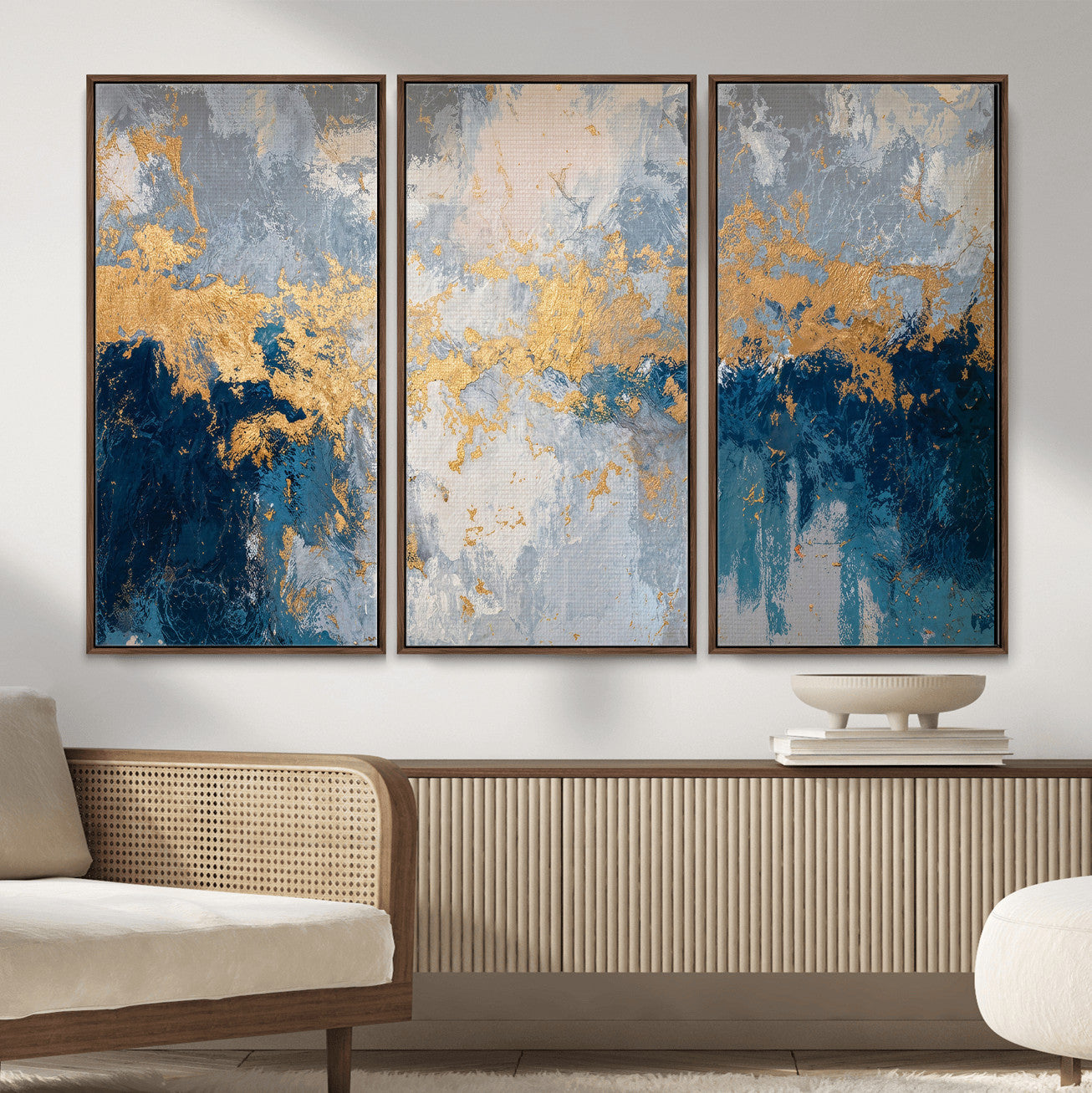 65386119-MGV-CV-36X24 - Blue Gold Abstract Large Framed Canvas Wall Art, Modern Luxury Painting Print in Horizontal Oversized Minimal Wall Decor Artwork