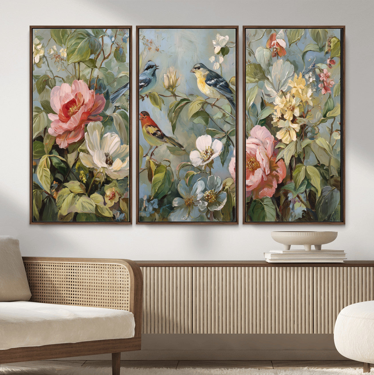55440837-MGV-CV-36X24 - Vintage Birds and Flowers Wall Art Canvas Print, Botanical Bird Painting Canvas Print, Floral Garden Bird Artwork Canvas Print, Classic Bird Flower Painting Canvas Print