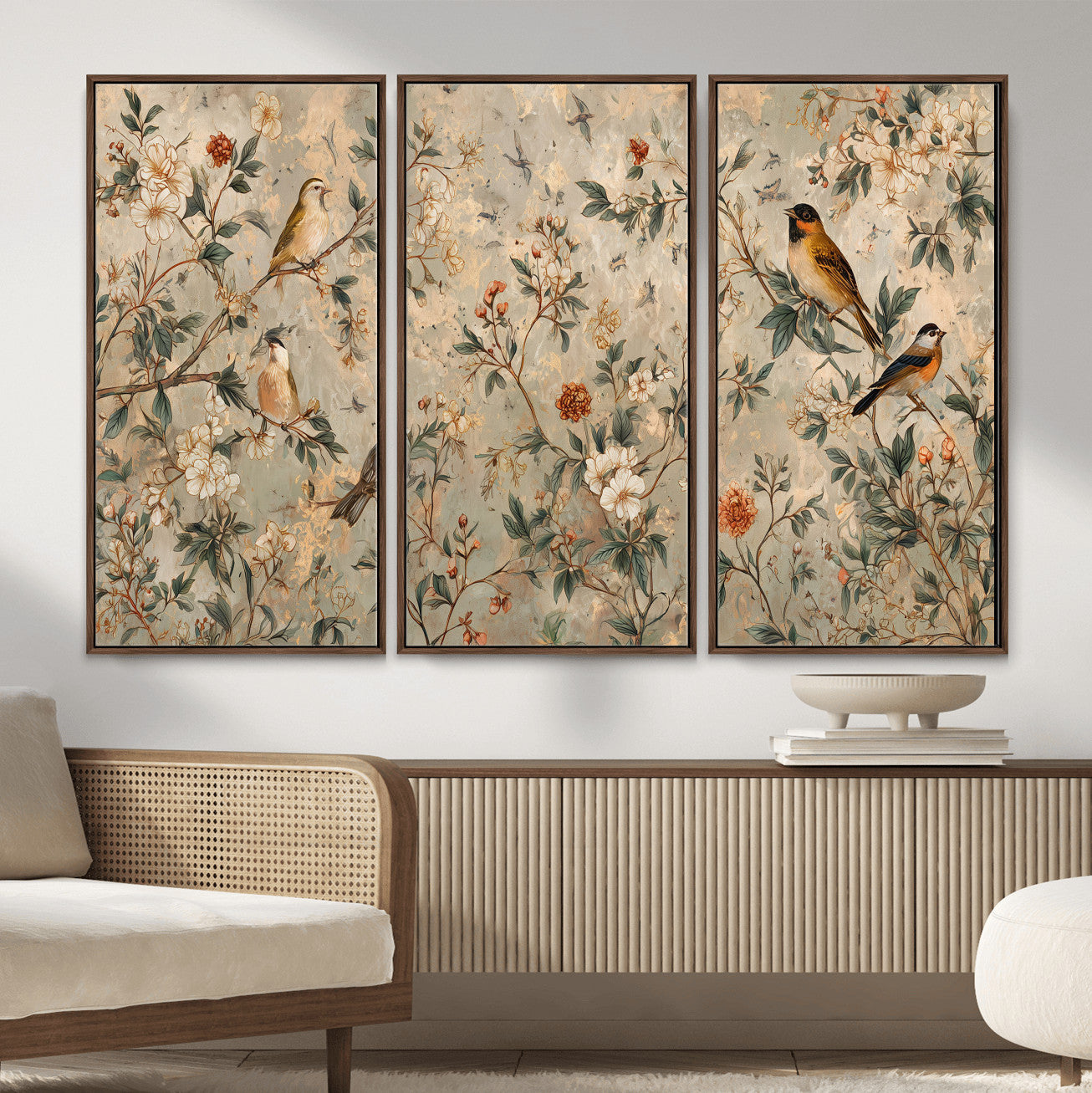 76588438-MGV-CV-36X24 - Vintage Birds and Flowers Wall Art Canvas Print, Botanical Bird Painting Canvas Print, Floral Garden Bird Artwork Canvas Print, Classic Bird Flower Painting Canvas Print